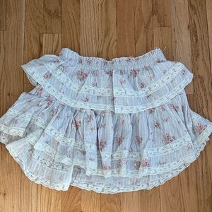 LSF Floral Lace-Trim Tiered Mini Skirt - White with Pink Roses